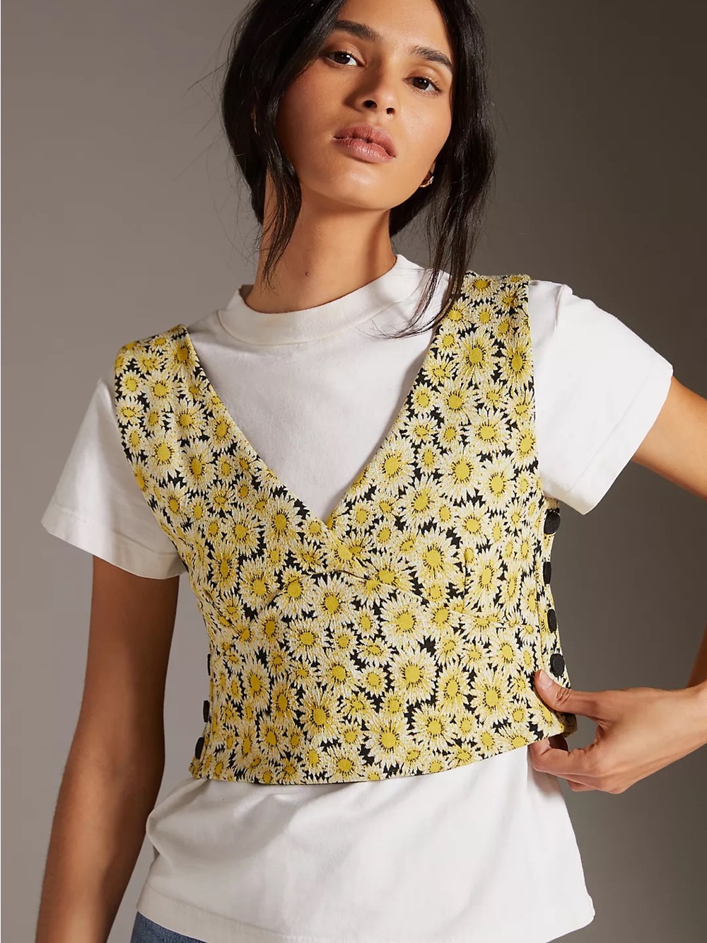 Maeve Anthropologie Button-Side Tank Top Women’s XL Daisies Black Yellow